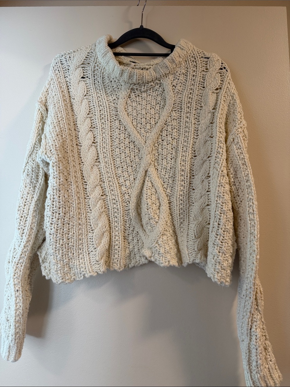 Free People Oatmeal Cable Knit Crewneck Sweater